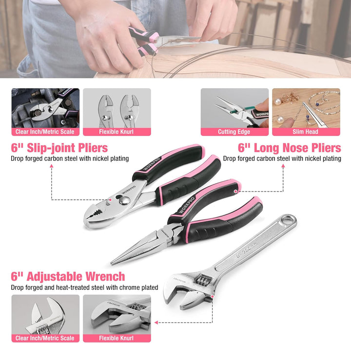 WORKPRO Juego de herramientas rosa, kit de herramientas de 258 piez...