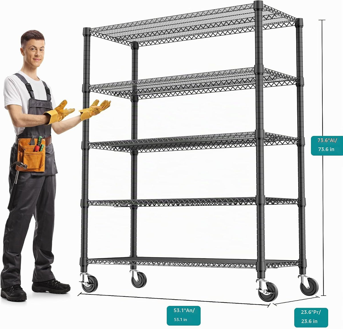 M MZG 3300LBS 53.1" W Estantería de 5 Niveles de Acero Estantería de Almacenamiento Estantería Utilitaria Organizador de Acero Estante de Alambre para Hogar, Cocina, Oficina, Garaje Negro 23.6" D x 53.1" W x 73.6" H