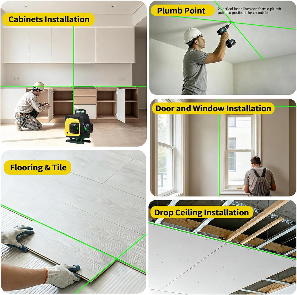Nivel láser autonivelante, haz verde de 4 x 360° de cobertura de toda la habitación con control remoto y ventana giratoria para colgar fotos y renovar el hogar