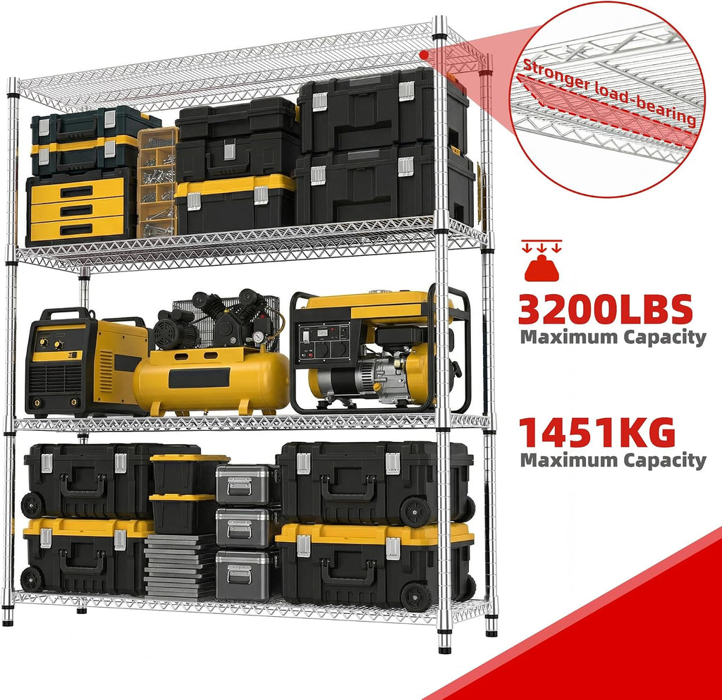 M MZG Estantes de almacenamiento de 4 niveles con carga de 2640 libras, estantes de metal de alambre de metal para almacenamiento, estantes ajustables de garaje para despensa, cocina, garaje, luz