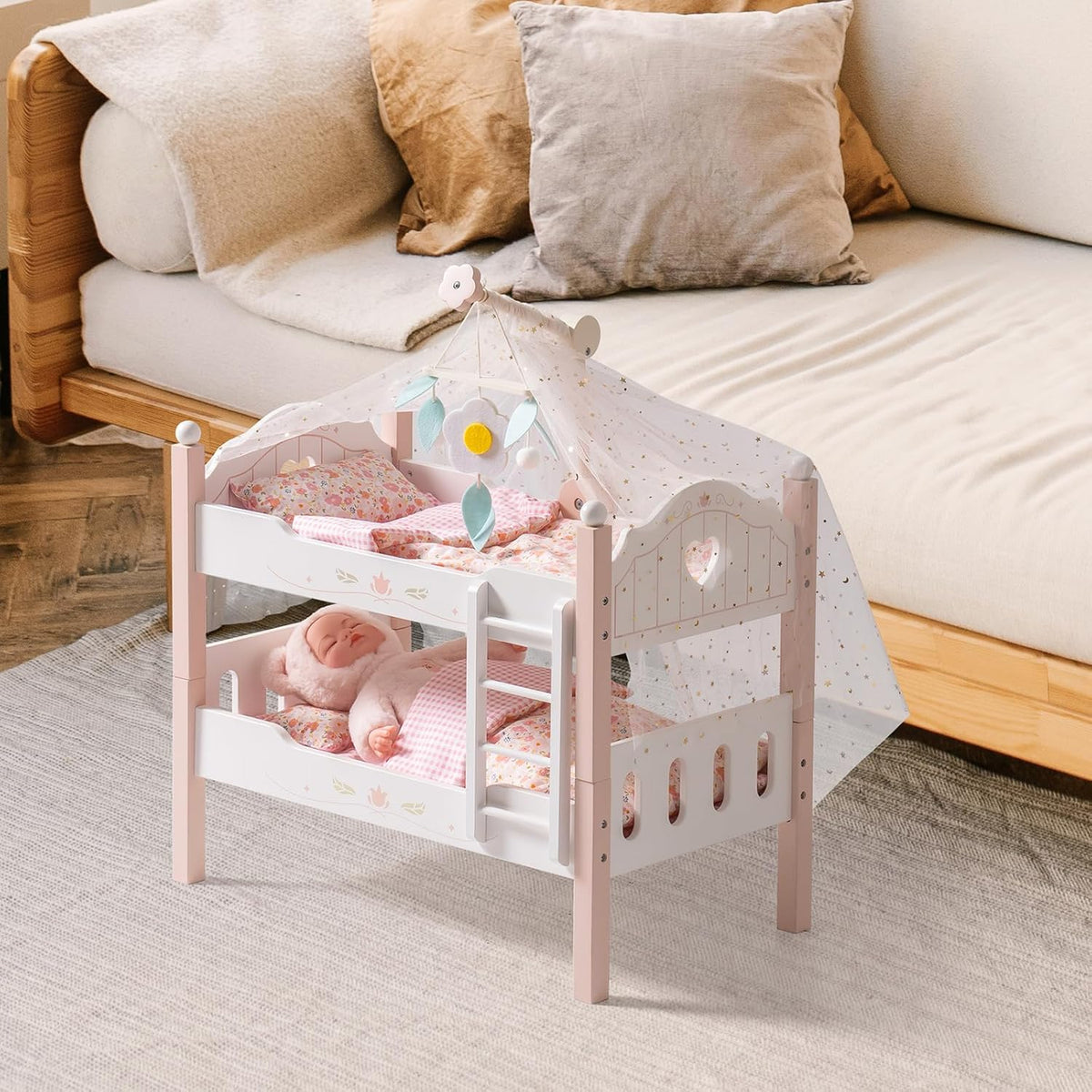 ROBUD Cuna para muñeca bebé, camas de madera para muñecas bebé de 20 pulgadas, literas para muñecas bebé con tul, cama para muñeca American Girl para regalos, rosa