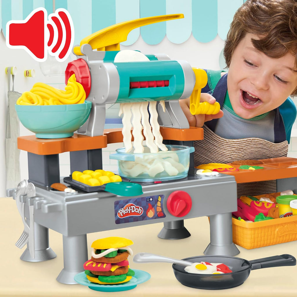 Play-Doh Super Sizzlin' Kitchen Playset, sonidos realistas de juguete de cocina, más de 25 alimentos para crear, artes y manualidades para niños mayores de 3 años