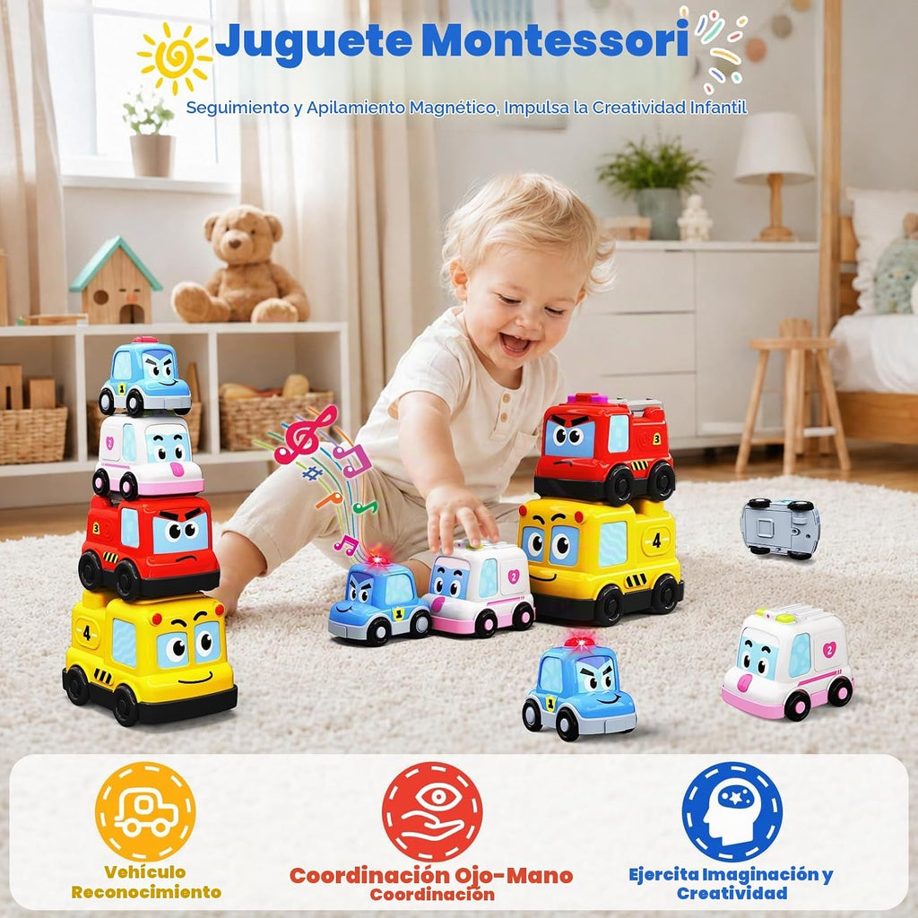 Juguetes Montessori para niños pequeños de 1 a 3 años, 4 en 1, autos magnéticos apilables, anidación y gateo, juguetes para bebés, autos de policía con música y luz, regalos de automóvil, juguetes