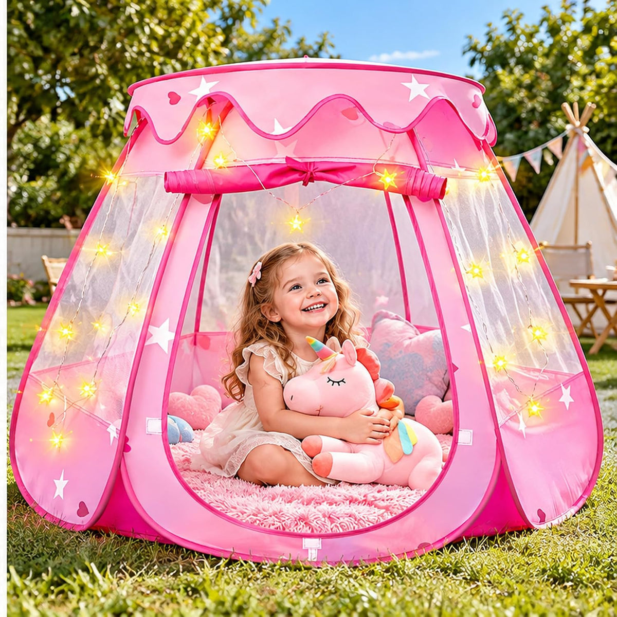 Princess Castle - Tienda de campaña para niñas con alfombra, tienda de campaña desplegable para niños