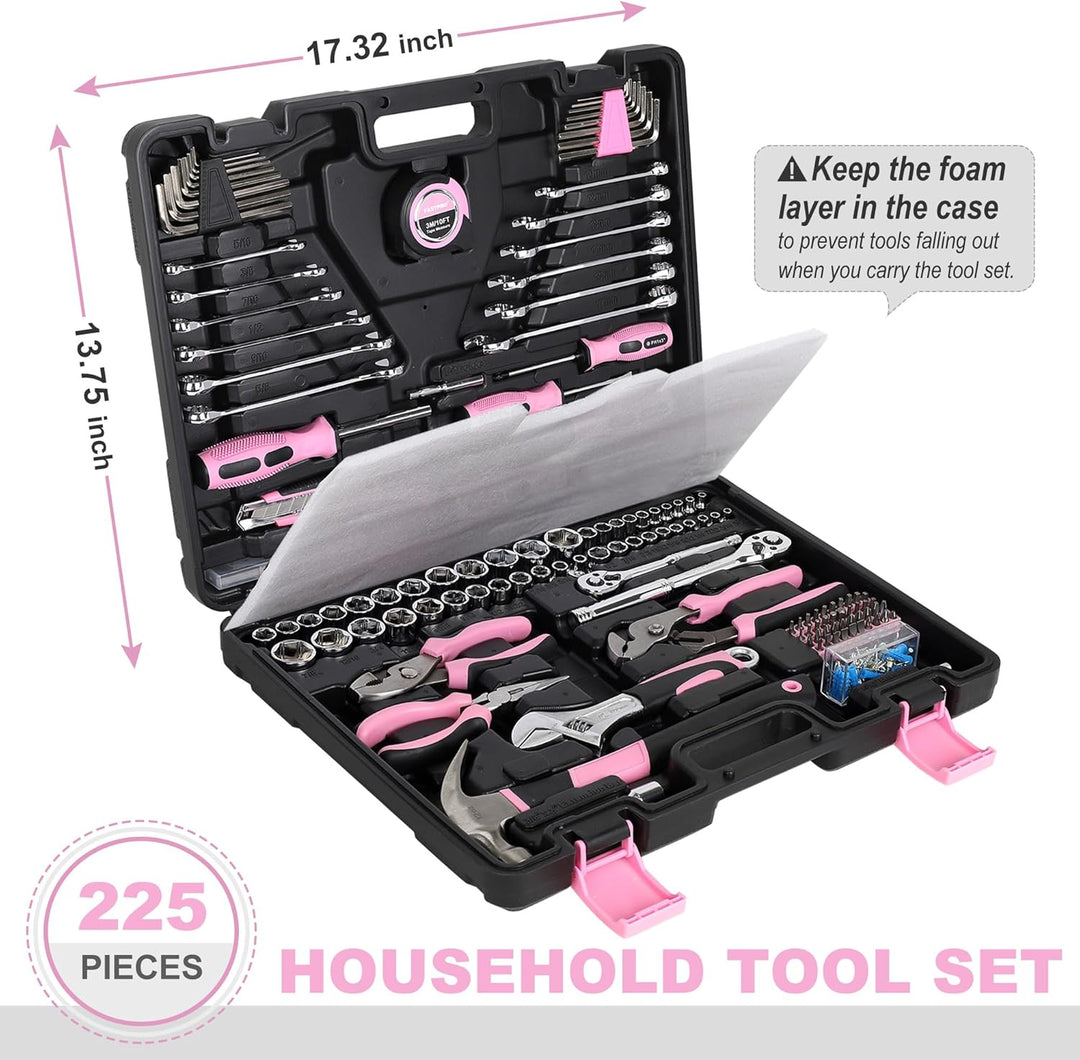 FASTPRO Juego de herramientas rosa de 225 piezas, juego de herramie...