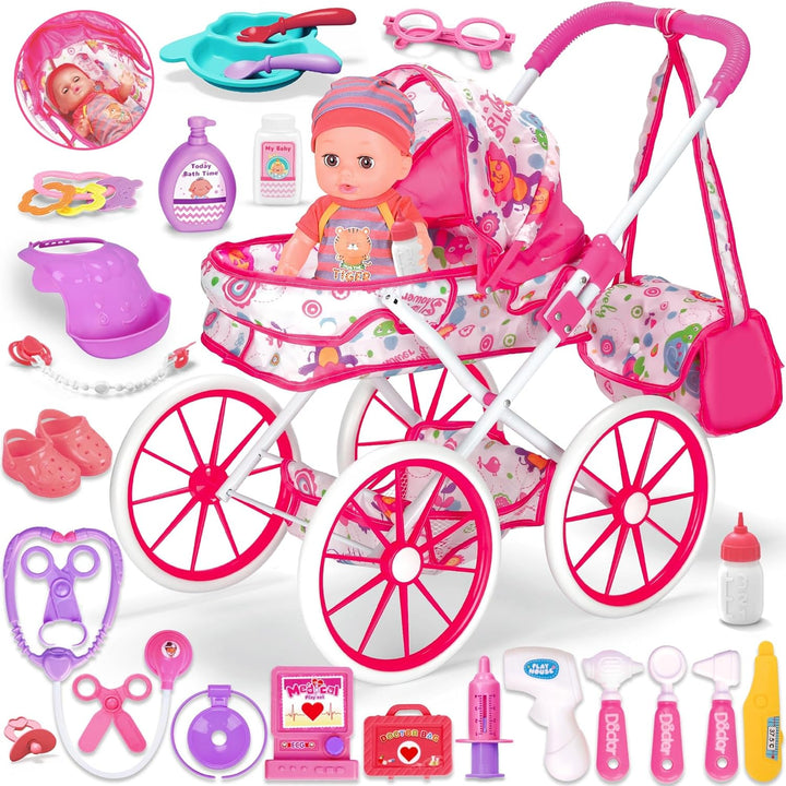 Juego de juguetes de cochecito de bebé, muñeca de 12 pulgadas con a...