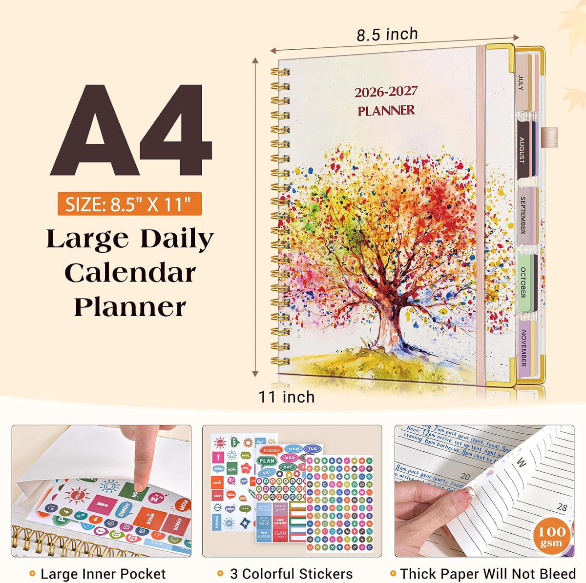 Agenda académica 2026-2027, planificador diario semanal y mensual de 18 meses, desde julio de 2026 a diciembre de 2027, agenda grande A4 de 8.5 x 11 pulgadas, agenda organizadora grande con pestañas