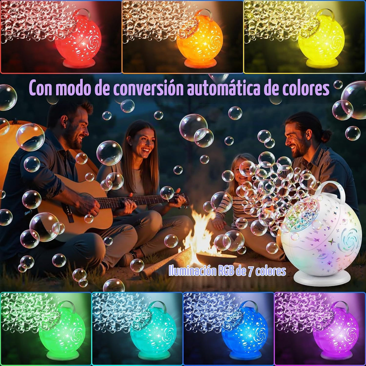 Máquina de burbujas con control remoto, rotación automática de 360° y 7 luces RGB recargable, máquina de burbujas para niños y niñas, máquina de burbujas portátil para fiestas, bodas, cumpleaños