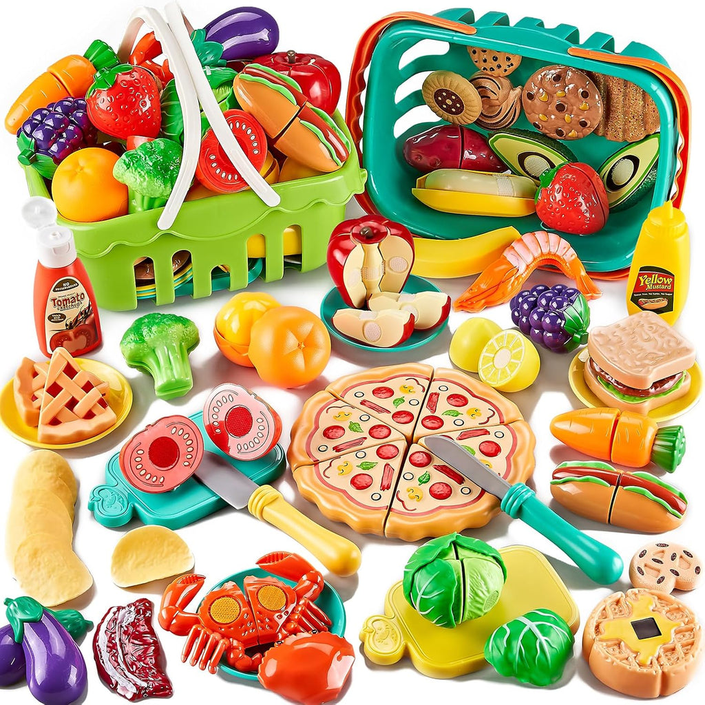 85pcs Play Food Sets para Kids Kitchen, Cutting Toy con 2 Baskets