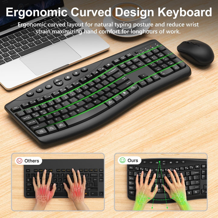 Combo de teclado y mouse inalámbricos, teclado curvo ergonómico sil...