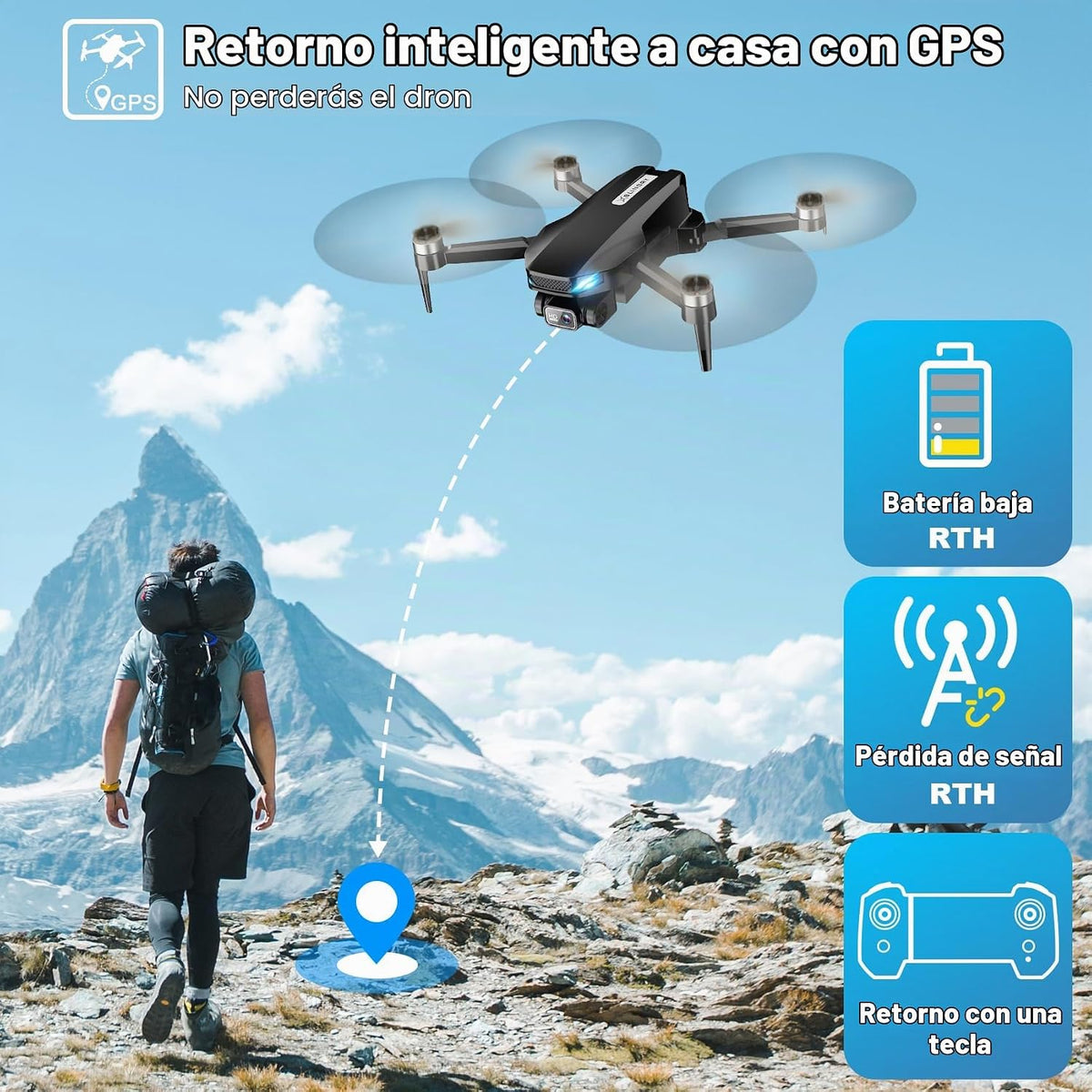 Drone GPS con cámara para adultos, 2K HD FPV Drone con retorno automático, sígueme, vuelo circular, vuelo de punto de referencia, vuelo estable, motor sin escobillas, cuadricóptero de control remoto