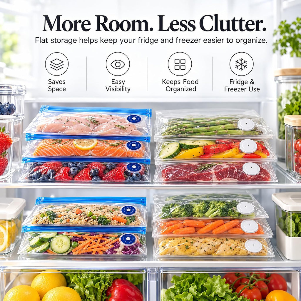 MEGAWISE Paquete de 30 bolsas reutilizables selladoras al vacío, bolsas de almacenamiento Sous Vide sin BPA, 3 tamaños con válvula de aire y doble cremallera, aptas para microondas y congelador, para
