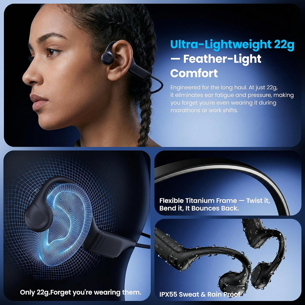Auriculares de conducción ósea Bluetooth 5.4, 0.78 oz, ligeros auriculares deportivos de oreja abierta con marco de titanio flexible, micrófono reductor de ruido