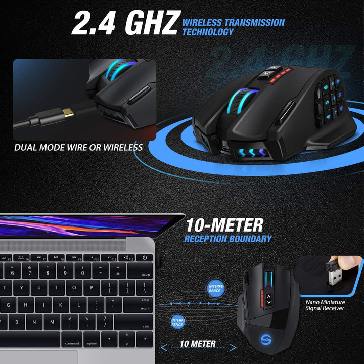 UtechSmart Venus Pro RGB Ratón inalámbrico para juegos MMO, sensor...