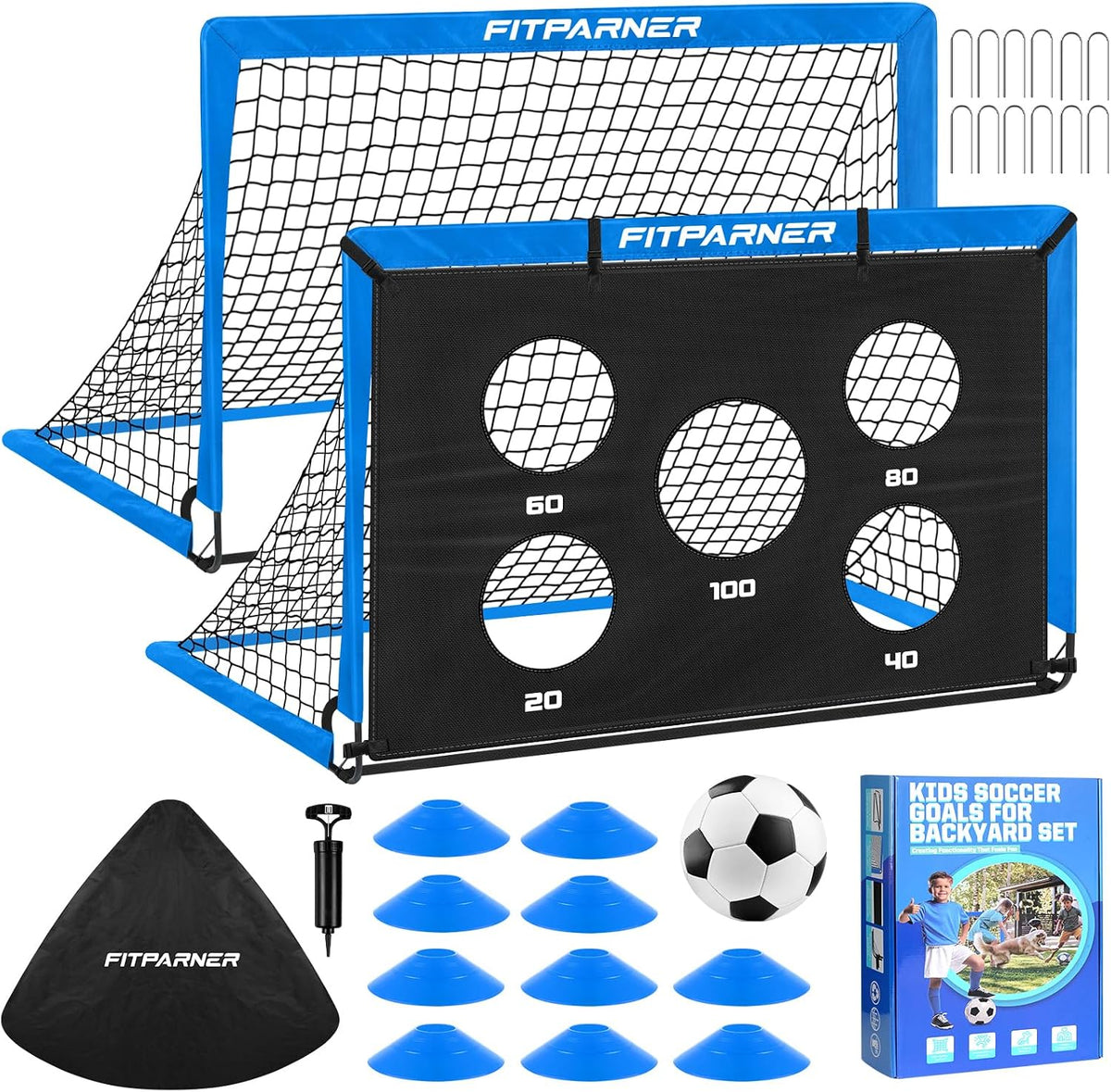 Portería de fútbol, portería de fútbol para niños en el patio trasero, 2 unidades, redes de fútbol portátiles de 4 x 3/6 x 4 pies con objetivo, pelota y conos, equipo de entrenamiento de