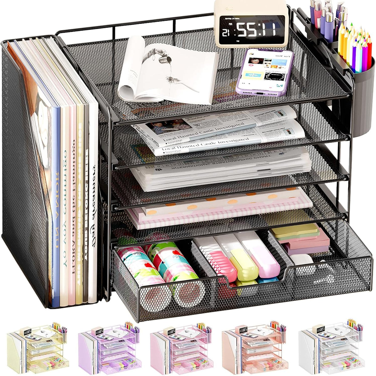 Organizador de escritorio, organizador de archivos de escritorio de 5 niveles con cajón y soportes para bolígrafos, accesorios de escritorio de oficina, clasificadores de archivos
