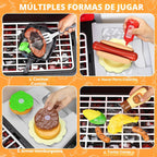 Juego de cocina para niños, juguetes de cocina para niños con parrilla de barbacoa y sonido de humo y luz, juguete de barbacoa de 2 capas con ruedas, juego de juguetes de cocina al aire libre para