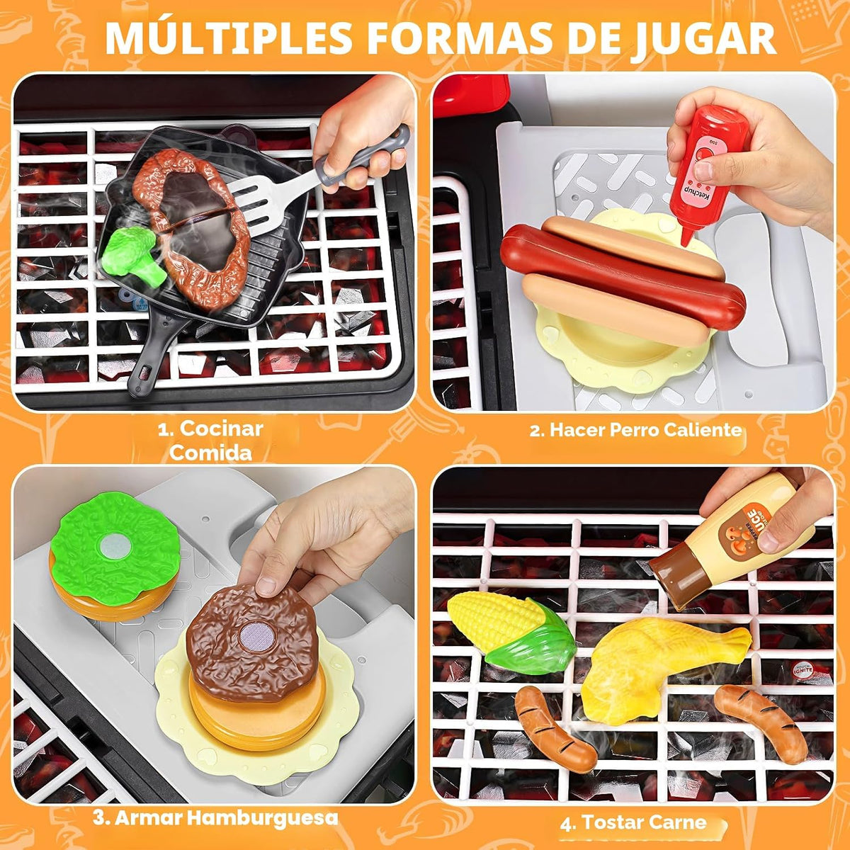 Juego de cocina para niños, juguetes de cocina para niños con parrilla de barbacoa y sonido de humo y luz, juguete de barbacoa de 2 capas con ruedas, juego de juguetes de cocina al aire libre para