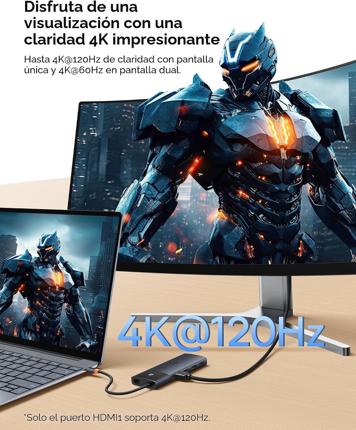 Baseus Estación de acoplamiento con monitor doble, estación de acoplamiento 10 Gbps 10 en 1 con 2 HDMI individual 4K @120Hz, dual 4K @ 60Hz, 10Gbps USB C y USB A, Gigabit Ethernet, PD 100W, SD/TF para