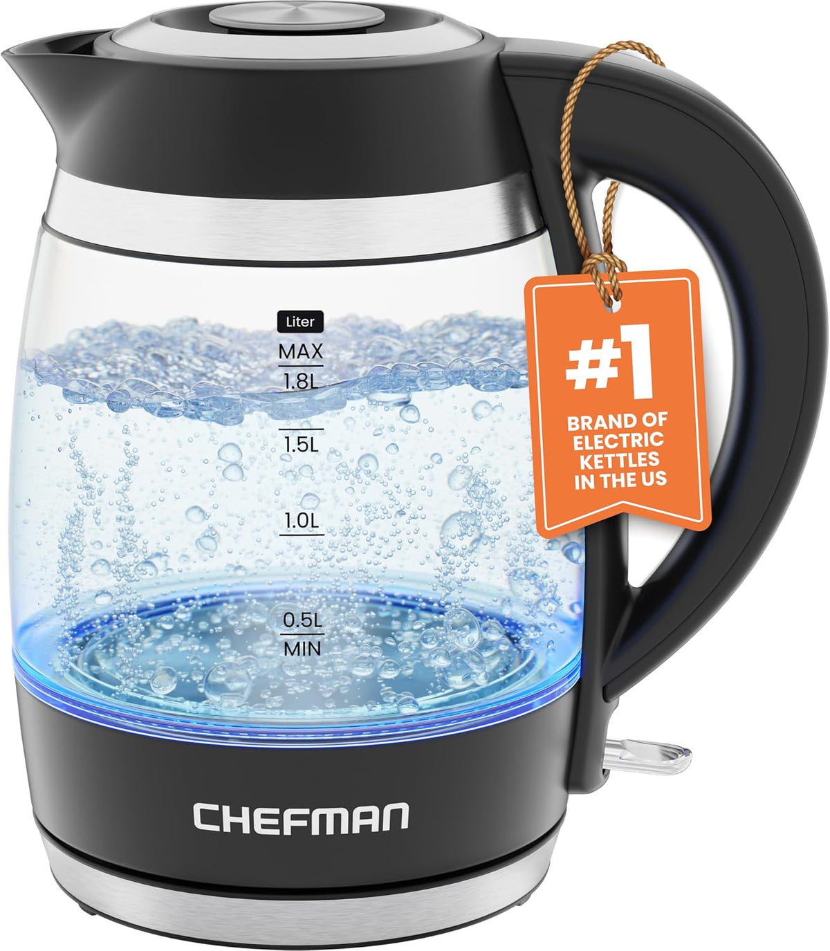 Chefman Hervidor Eléctrico, 1.8L 1500W, Hervidor de Agua Caliente, Tapa Desmontable para Fácil Limpieza, Apagado Automático, Protección contra Hervir en Seco, Filtro de Acero Inoxidable, Libre de BPA