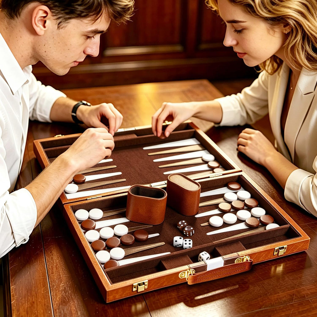 ARUOHHA Juegos clásicos de backgammon para adultos, funda de cuero de lujo, interior de fieltro, juego de backgammon portátil y de viaje, popular juego de mesa, marrón (15 pulgadas)