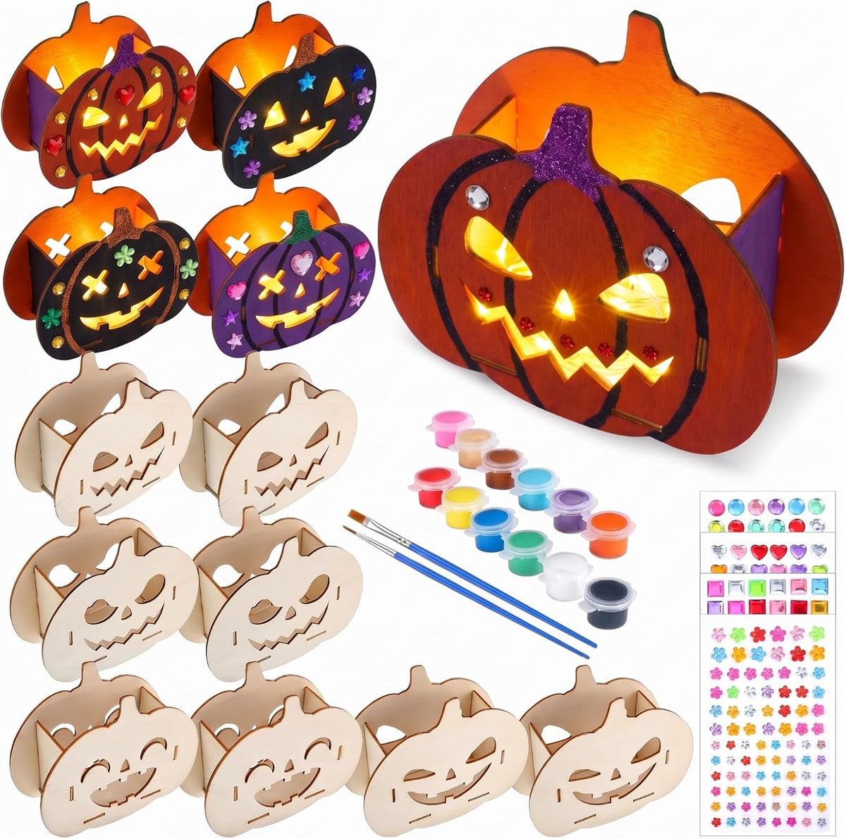 DoubleFill Kit de 12 Faroles de Madera Calabaza para Manualidades de Halloween con Pintura