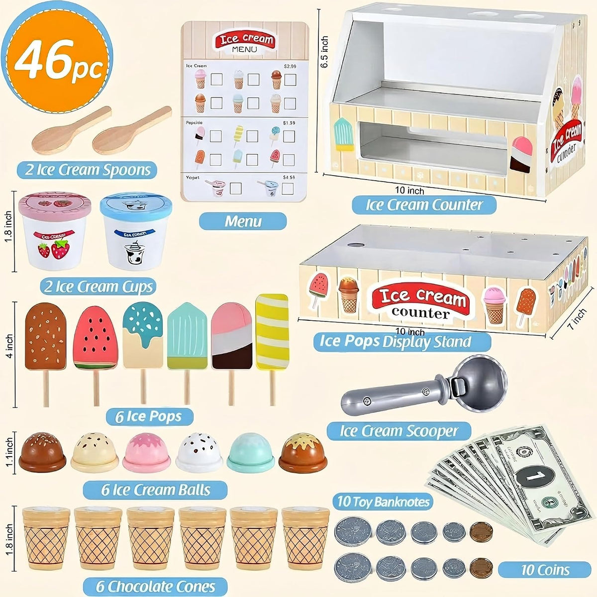 WHOLL - Juguetes de madera para helados para niños, juguete de simulación para niños pequeños, accesorios de cocina con cuchara, menú, juego de helado de cumpleaños para niños y niñas de 3, 4, 5, 6 años