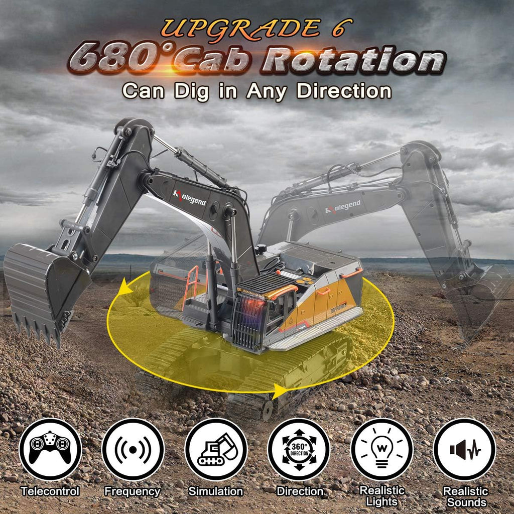 Excavadora de control remoto juguete escala 1/14 excavadora RC, actualización de 22 canales completa funcional construcción vehículos recargable RC camión con pala de metal y luces sonidos