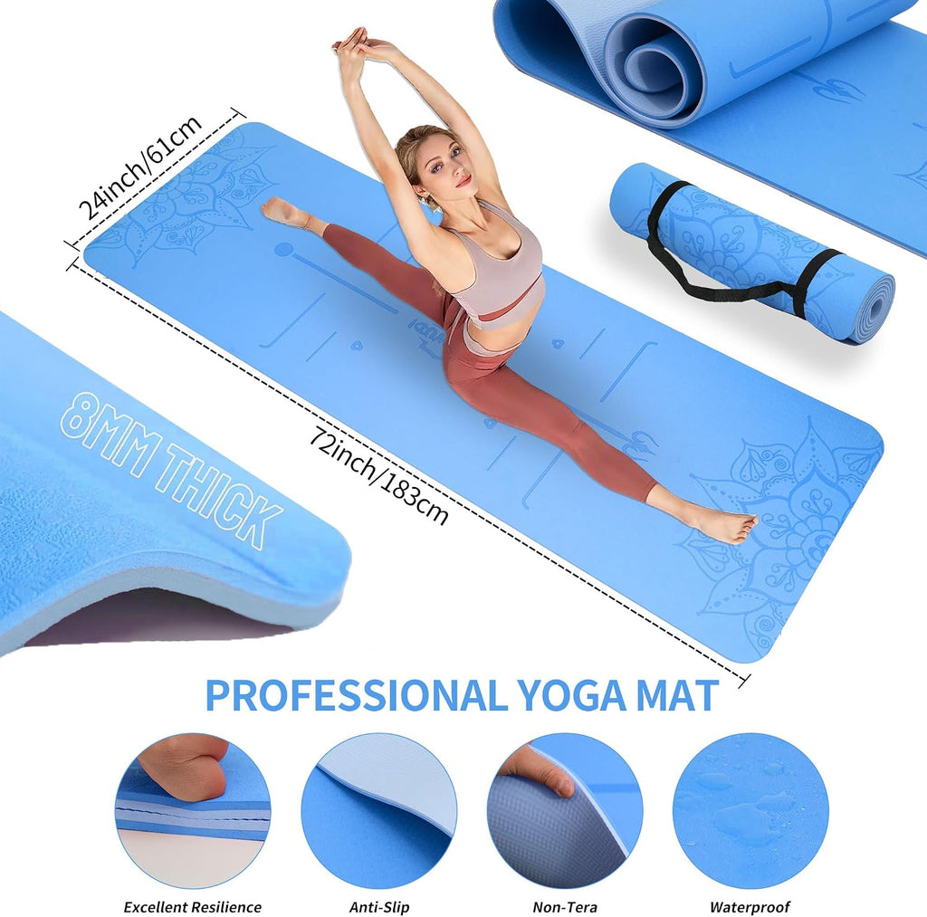 Alfombrilla de yoga gruesa, 6 bandas de resistencia de tela, paquete de 2 bloques de yoga, equipo de entrenamiento en casa, kit básico de inicio para principiantes de tonificación de cuerpo