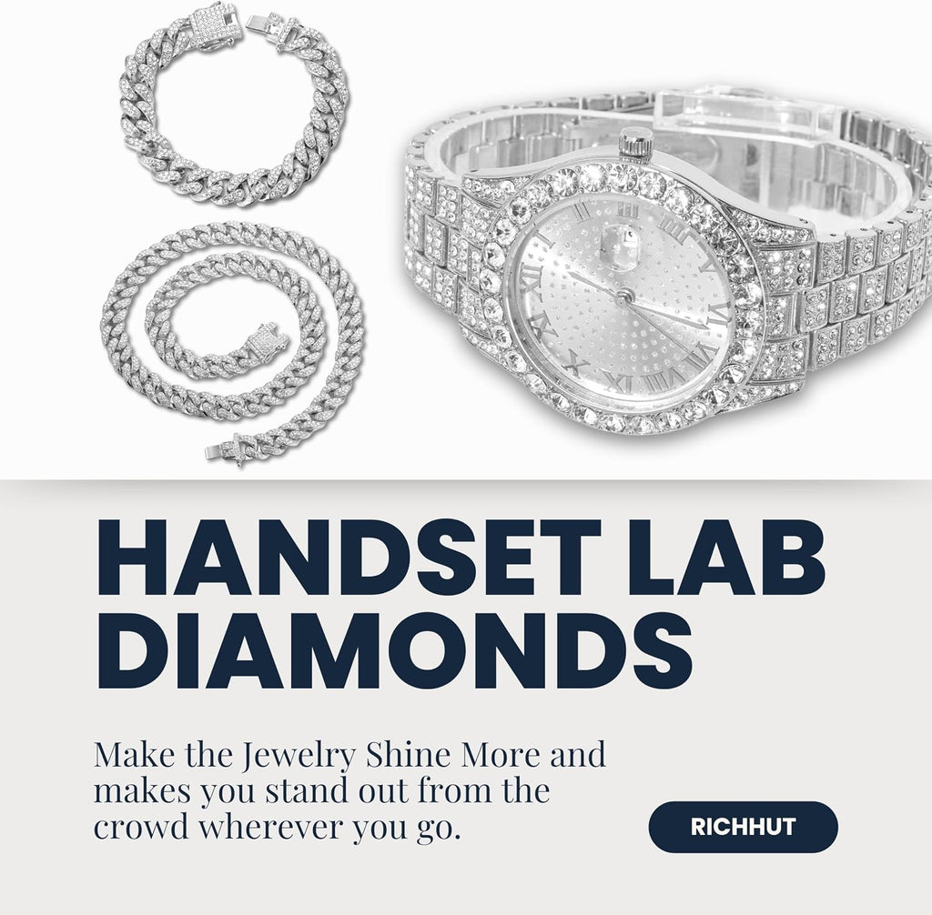 Reloj de Lujo con Diamantes para Niños y Adolescentes - Bling con Hielo 18K Chapado en Oro Real/Platino - Esfera Redonda de 43mm, Correa de 20.3 cm - Herramienta de Ajuste Incluida - Opcional