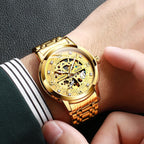 Reloj mecánico automático para hombre OLEVS Gold Skeleton, autoviento, de lujo para vestir, brillante con diamantes, acero inoxidable, resistente al agua, luminoso, de pulsera