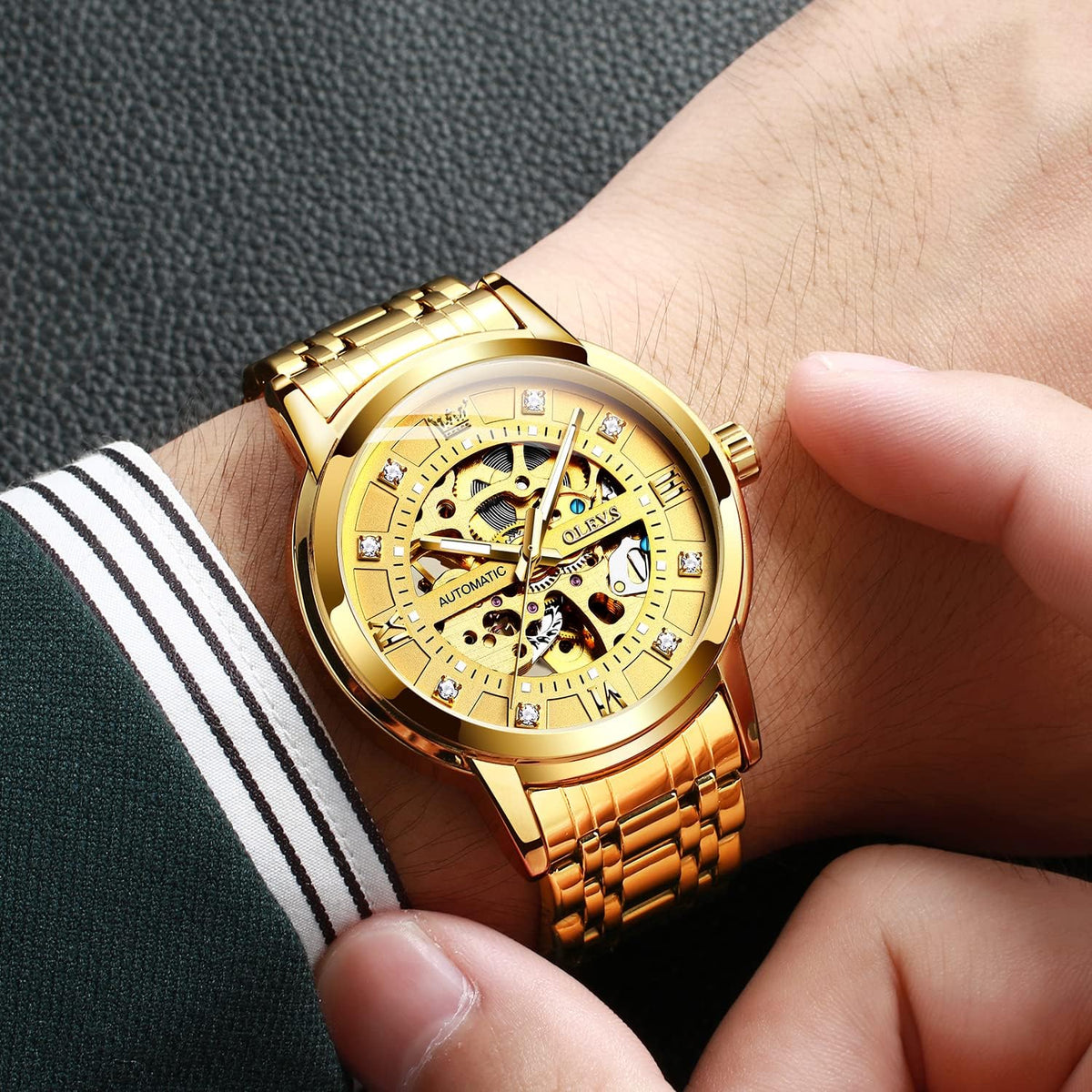 Reloj mecánico automático para hombre OLEVS Gold Skeleton, autoviento, de lujo para vestir, brillante con diamantes, acero inoxidable, resistente al agua, luminoso, de pulsera