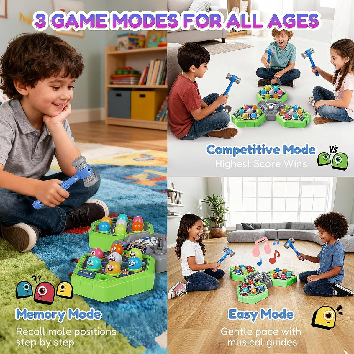 Topo de juego de golpe para 3 jugadores para niños de 3 a 12 años, 3 tableros de juego independientes, 3 modos con sonido y luz, juguete educativo seguro
