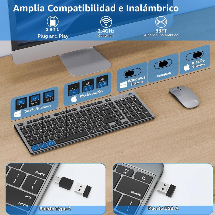 GALENMORO - Teclado y mouse inalámbricos, silencioso y silencioso c...