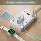 Regleta con USB, HUNIAN Cable de Extensión con Enchufe Plano, 5Ft, Blanco