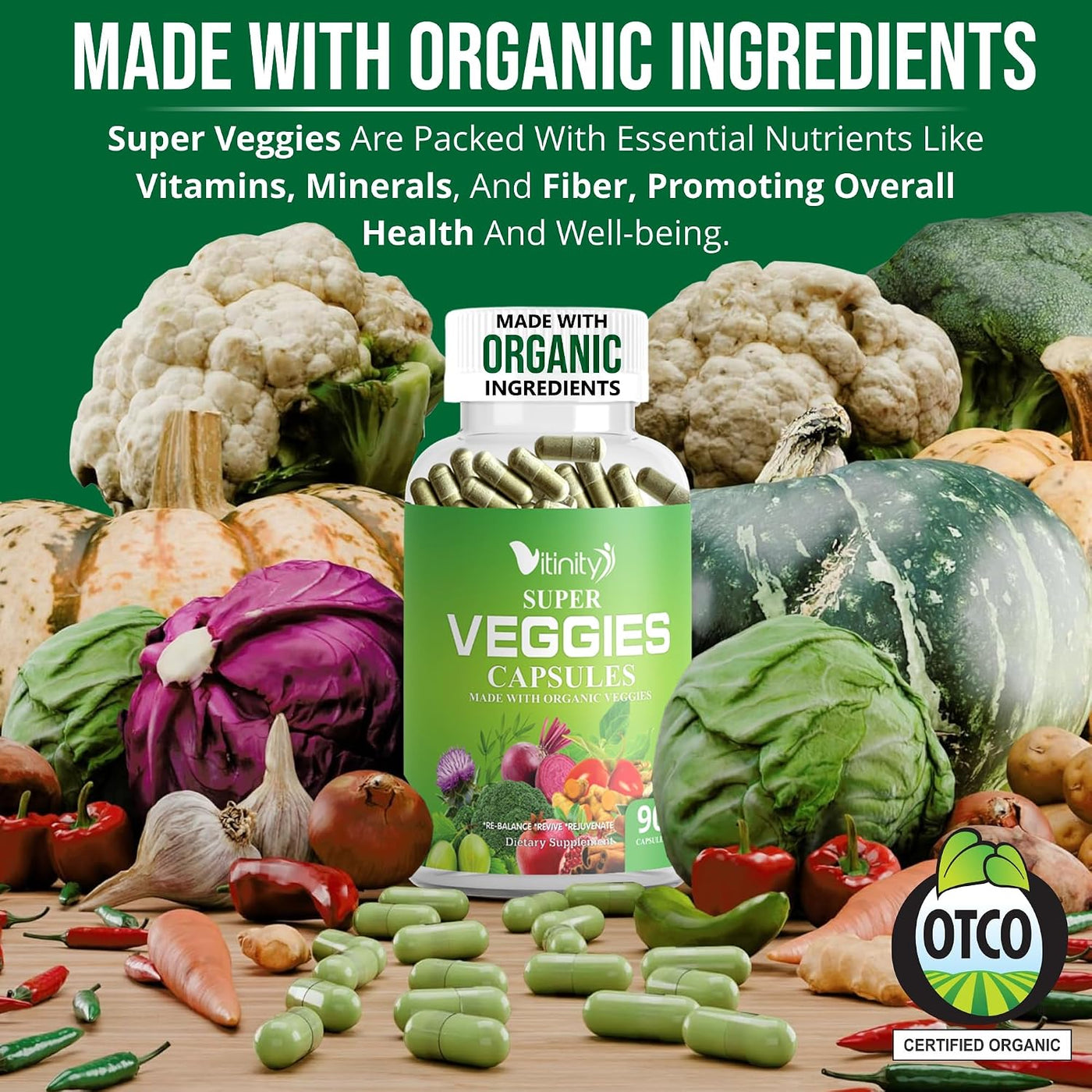 Fabricado con cápsulas orgánicas de frutas y verduras, suplemento v...