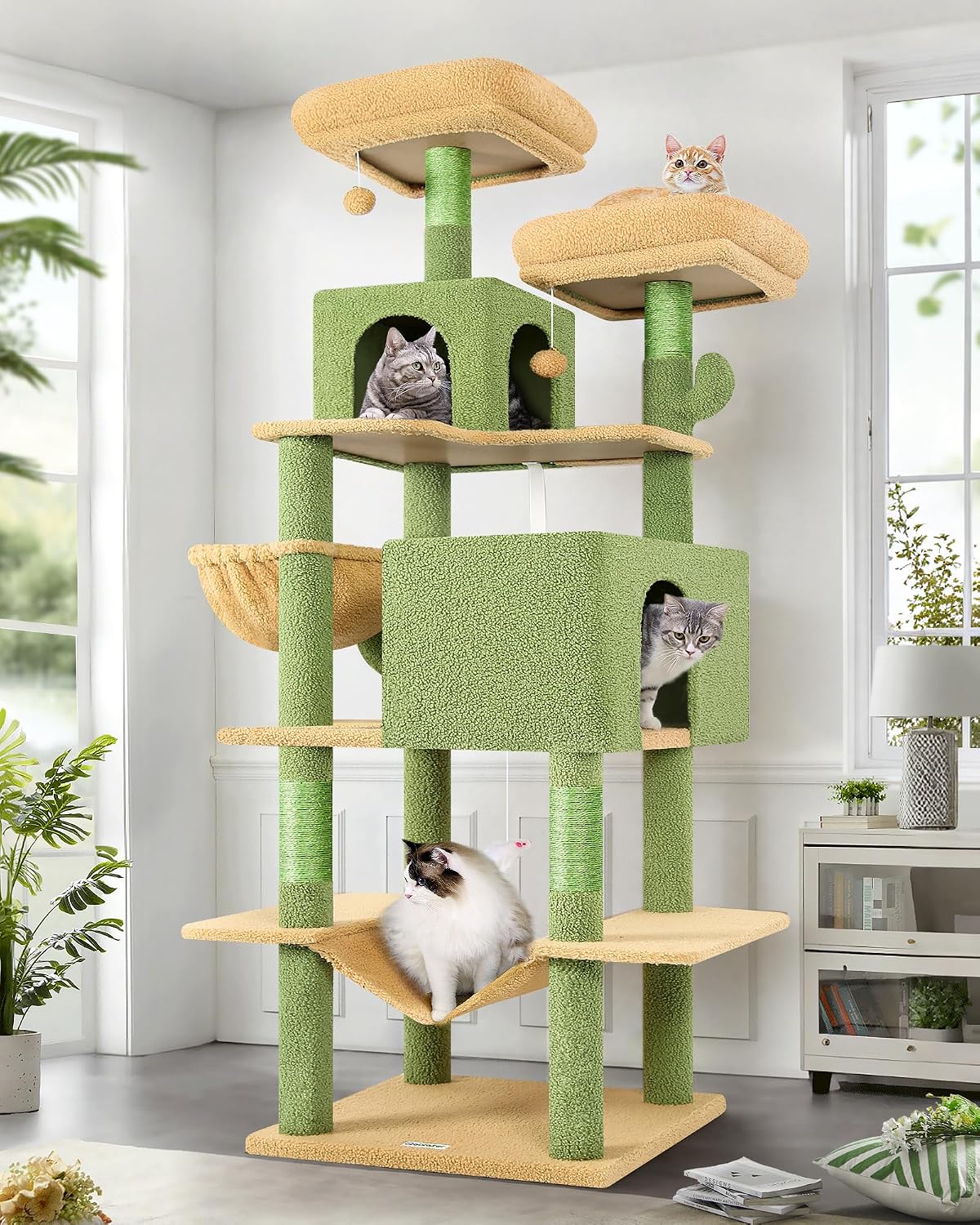 Globlazer - Torre para gato con forma de cactus de 76 pulgadas extra alta con varios niveles, muebles para gatos con condominios acogedores, juguetes interactivos y perchas para gatos grandes