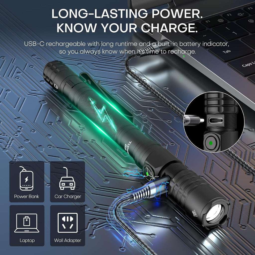 Linterna táctica EDC recargable, doble modo de 1200 lúmenes altos, linterna LED de bolsillo de doble interruptor, luz de flash pequeña súper brillante para emergencia, campamento, hogar
