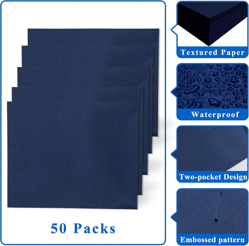 Paquete de 50 carpetas de archivos de dos bolsillos con ranura para tarjetas de visita, papel texturizado, tamaño carta, capacidad para más de 100 hojas para la escuela, oficina, negocios