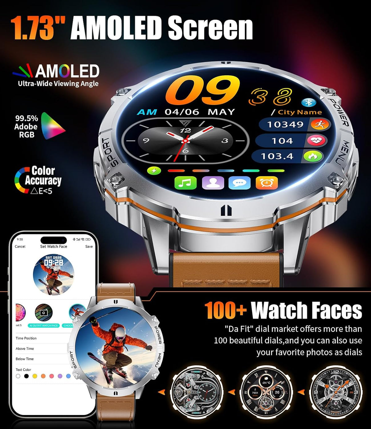 LIGE Relojes Inteligentes con Batería de 900mAh, Pantalla AMOLED de 1.73" para Hombres con Llamada Bluetooth, Más de 110 Modos Deportivos, Reloj Táctico de Fitness/Monitor de Ritmo Cardíaco, Sueño y