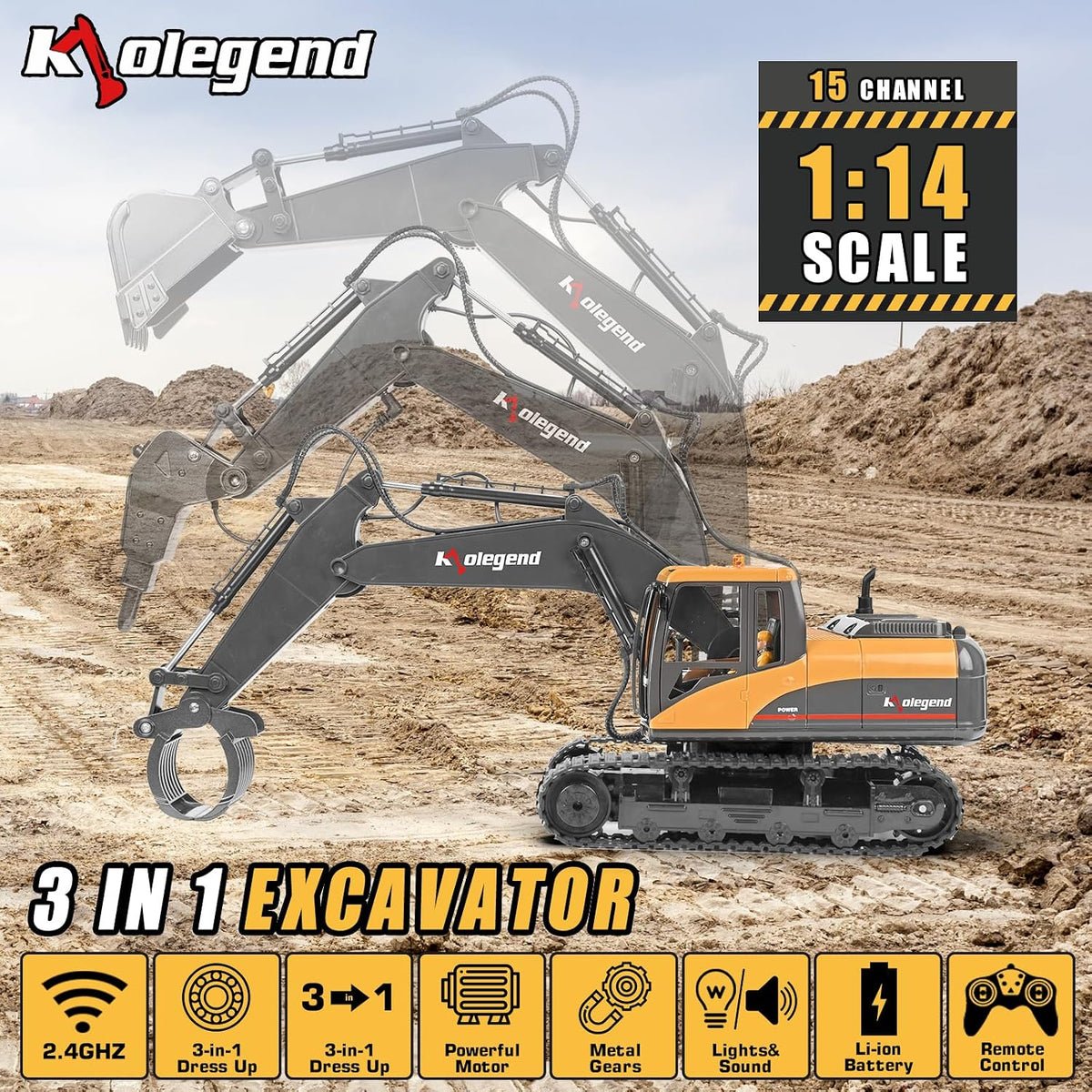 excavadora de juguete con control remoto 3 en 1, excavadora RC de escala 1/14, 15 canales, vehículos de construcción de función completa mejorados con herramientas, rompedor metálico y agarre