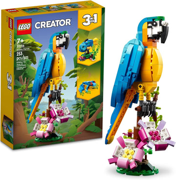 LEGO Creator 31136 - Juego de juguetes de construcción de loro exótico 3 en 1, se transforma en 3 figuras de animales diferentes, desde loros coloridos hasta peces nadadores y ranas lindas, juguetes
