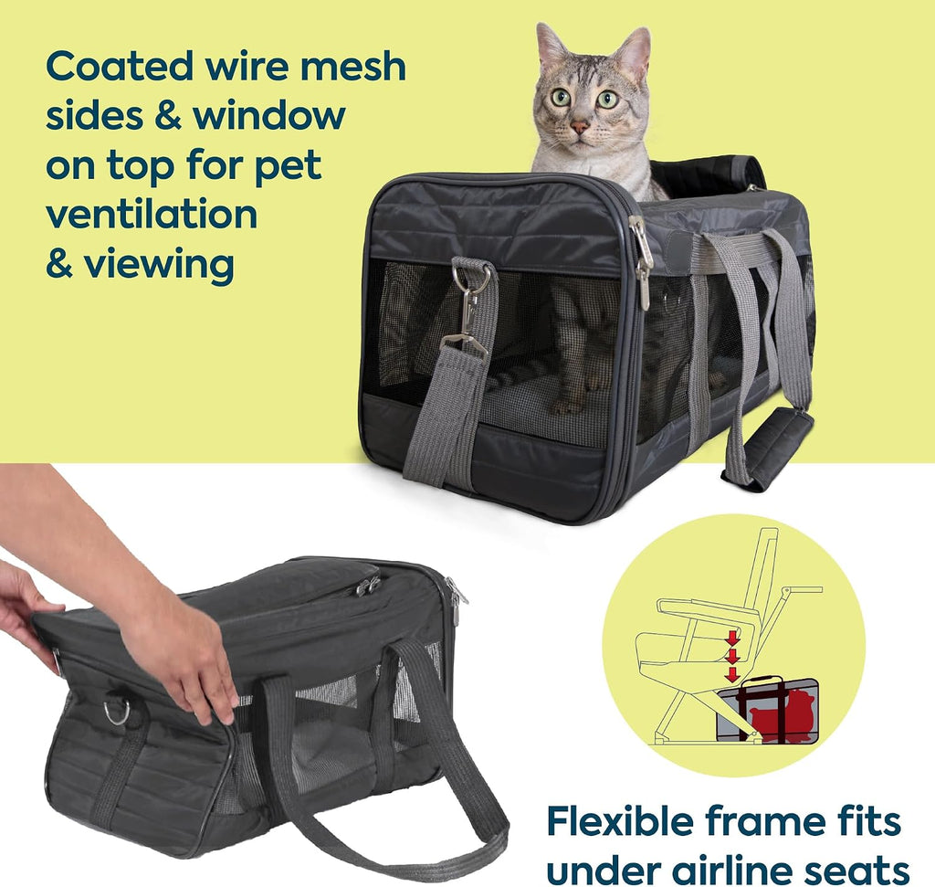 Sherpa Transportador de mascotas aprobado por aerolíneas con marco de alambre de resorte, transportador de gatos y perros para viajes de aerolíneas y visitas al veterinario, ventilación de malla, cremalleras de bloqueo, gris carbón, grande