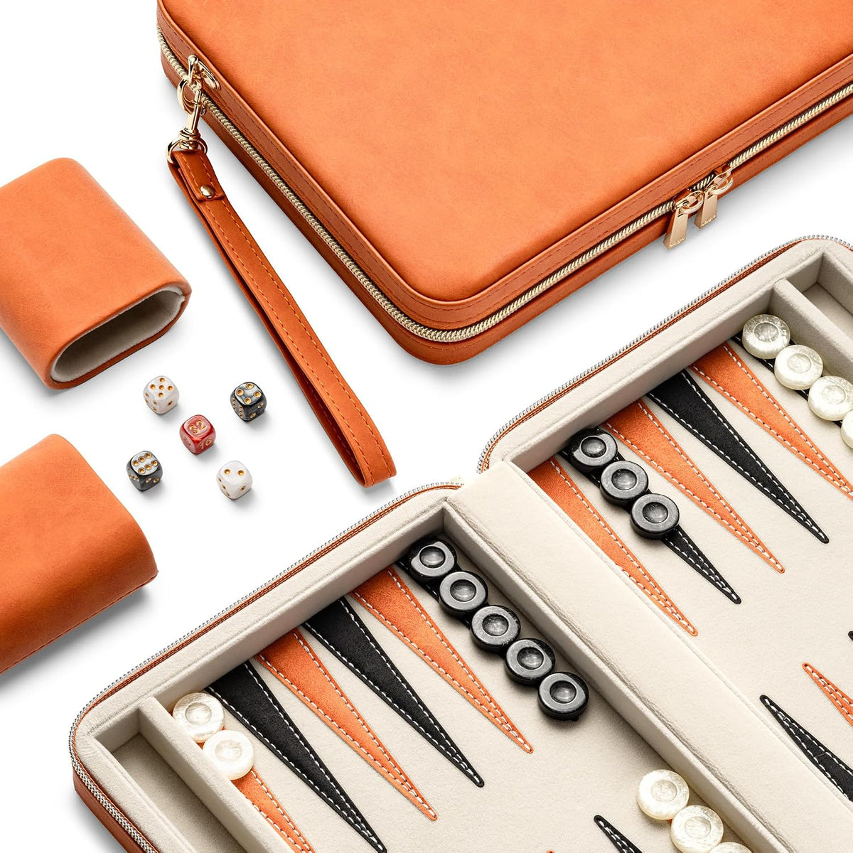 Juegos de backgammon para adultos y niños, tablero clásico de backgammon con dados de damas únicos, funda plegable de piel sintética de backgammon (naranja)