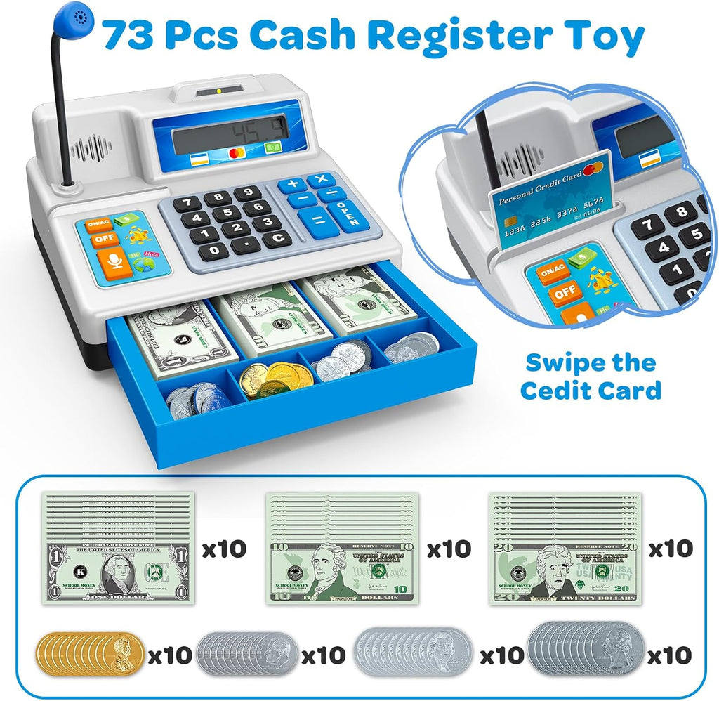 Bstoyder Calculadora de caja registradora de juguete de regalo para niños de 3, 4, 5, 6, 7, 8 años en adelante, 103 piezas de comestibles con micrófono, tarjeta de crédito, caja registradora para niños pequeños de 4 a 8 años