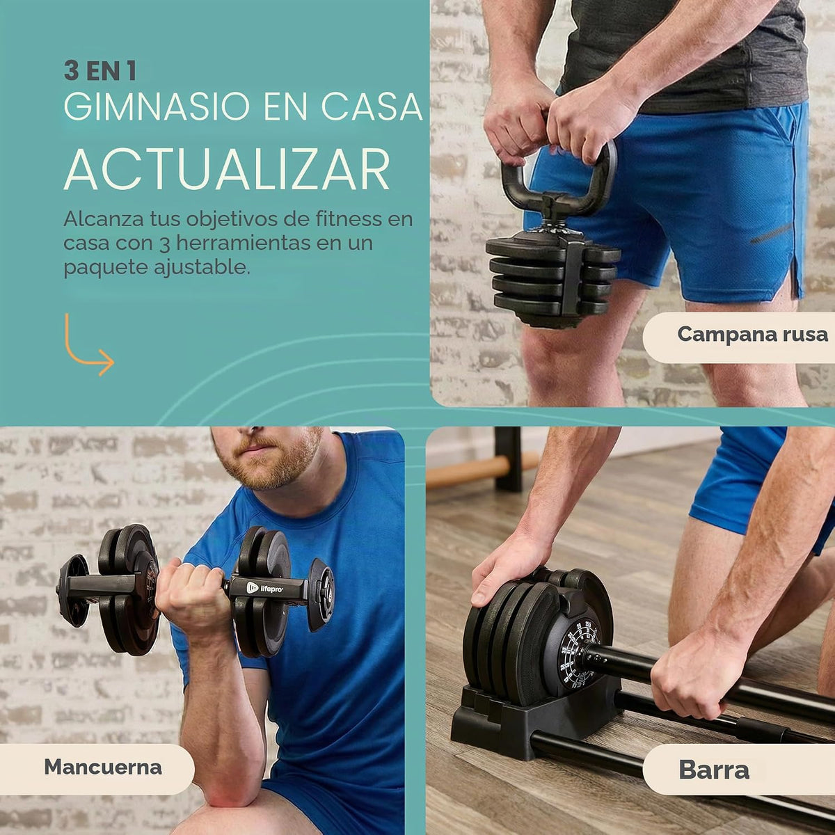 Lifepro TriForm - Juego de mancuernas ajustables 3 en 1, pesas rusas y