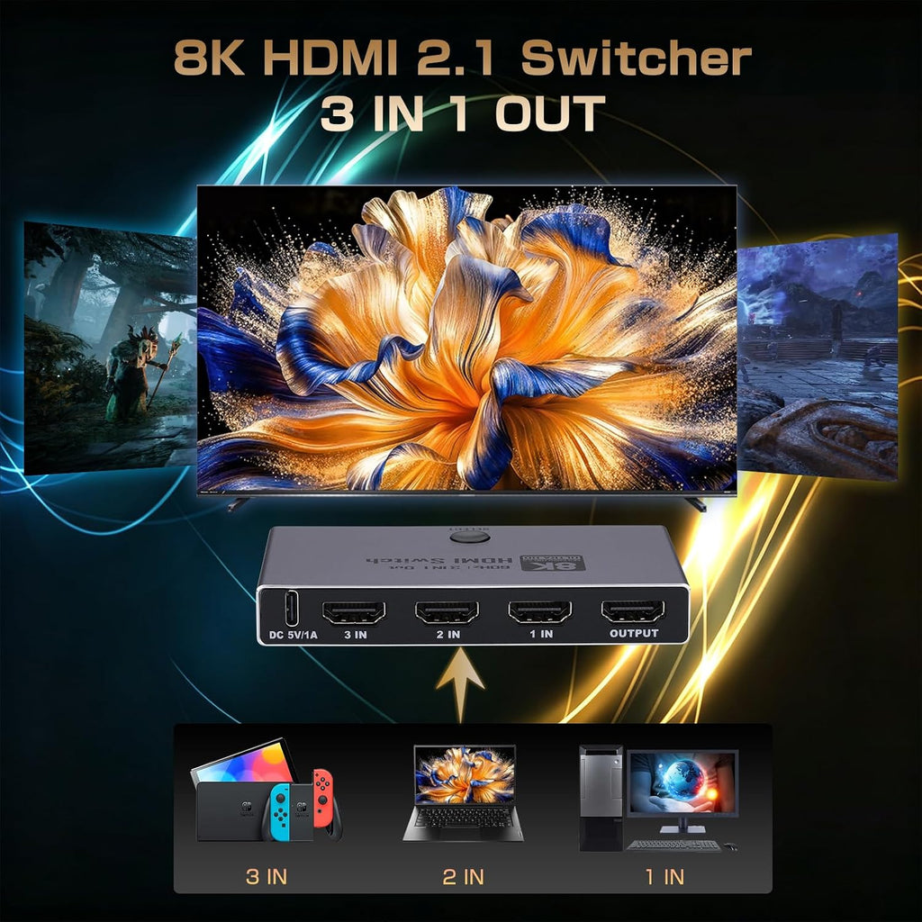 8K @60Hz HDMI 2.1 interruptor 3 en 1 salida con control remoto, 4K @240Hz, CEC