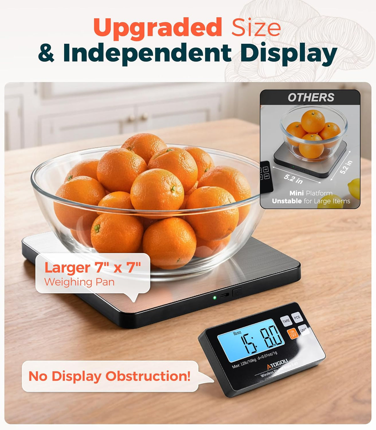 Báscula de cocina inalámbrica de 22 libras con pantalla dividida