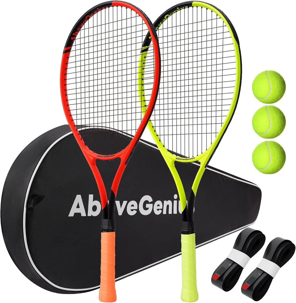 Paquete de 2 raquetas de tenis neón para adultos, juego de raquetas de tenis de aluminio ligeras de 27 pulgadas con 3 pelotas y bolsa, acabado mate vibrante de alta visibilidad para