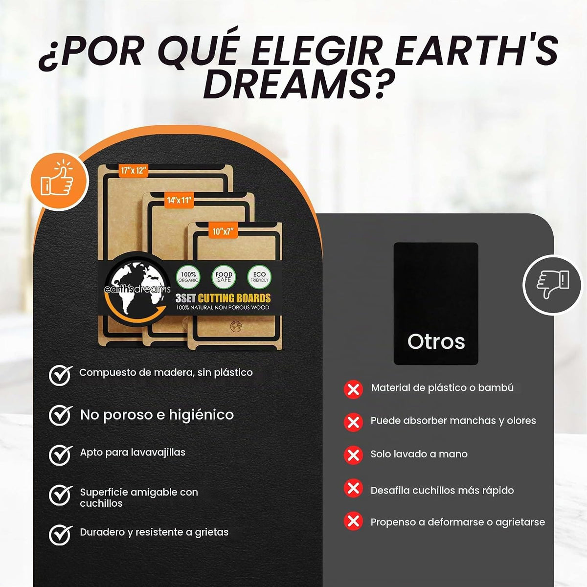 Juego de 3 tablas de cortar de madera compuesta